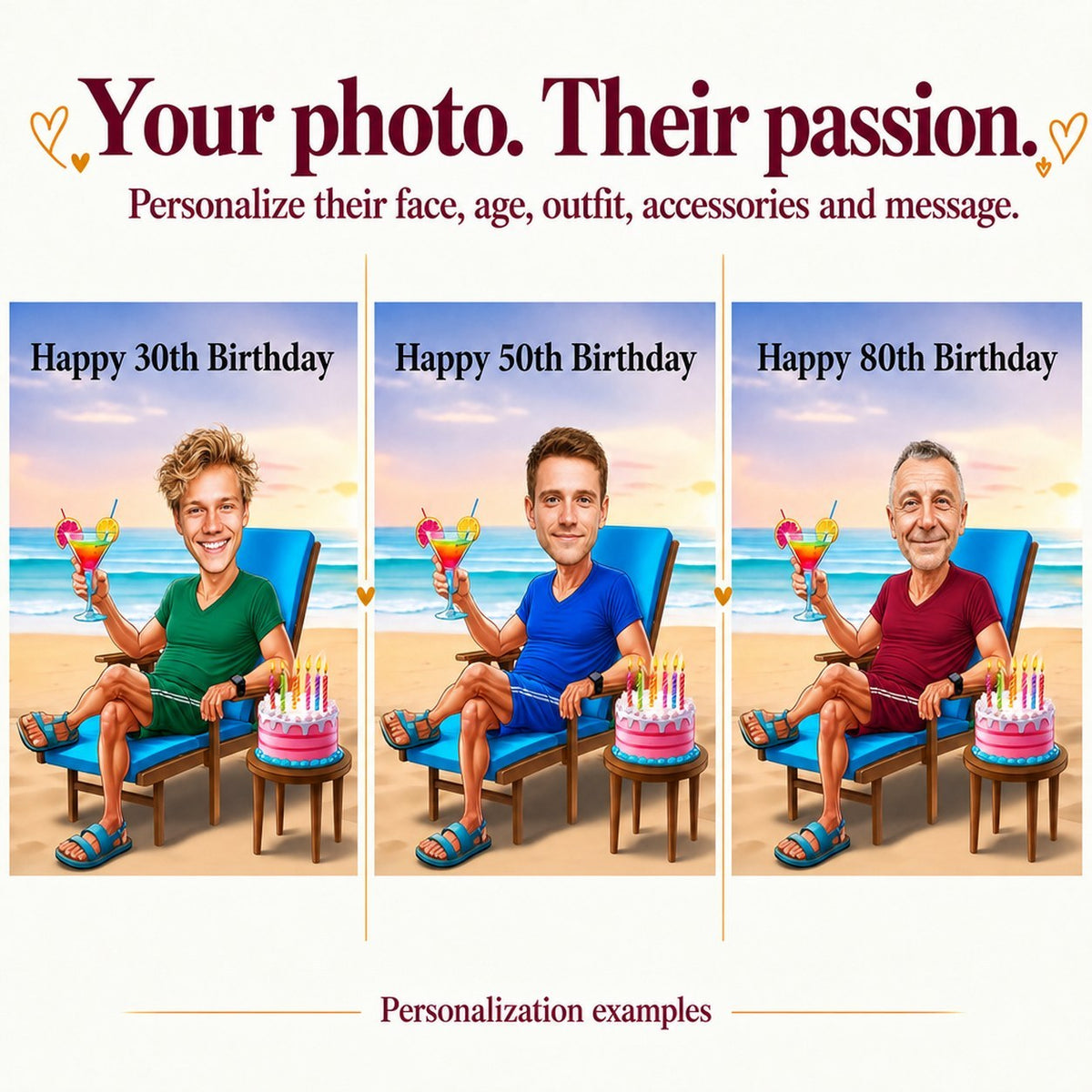 Three personalized versions with different faces and ages 30, 50 and 80 on the beach.