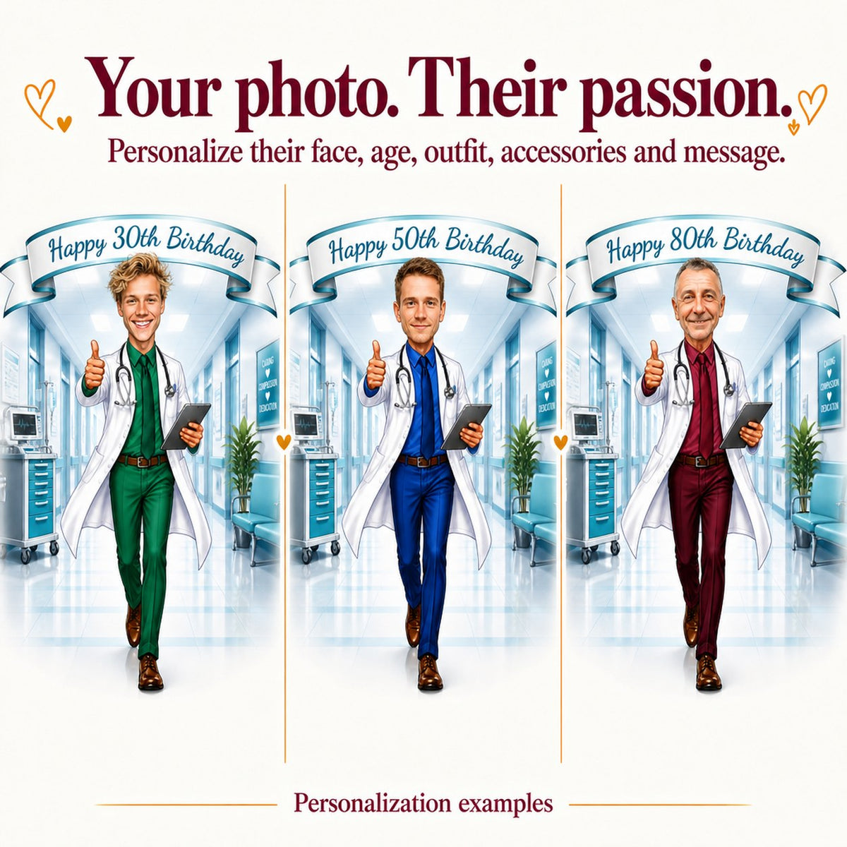 Three personalized doctor caricatures with different faces, ages 30, 50, and 80