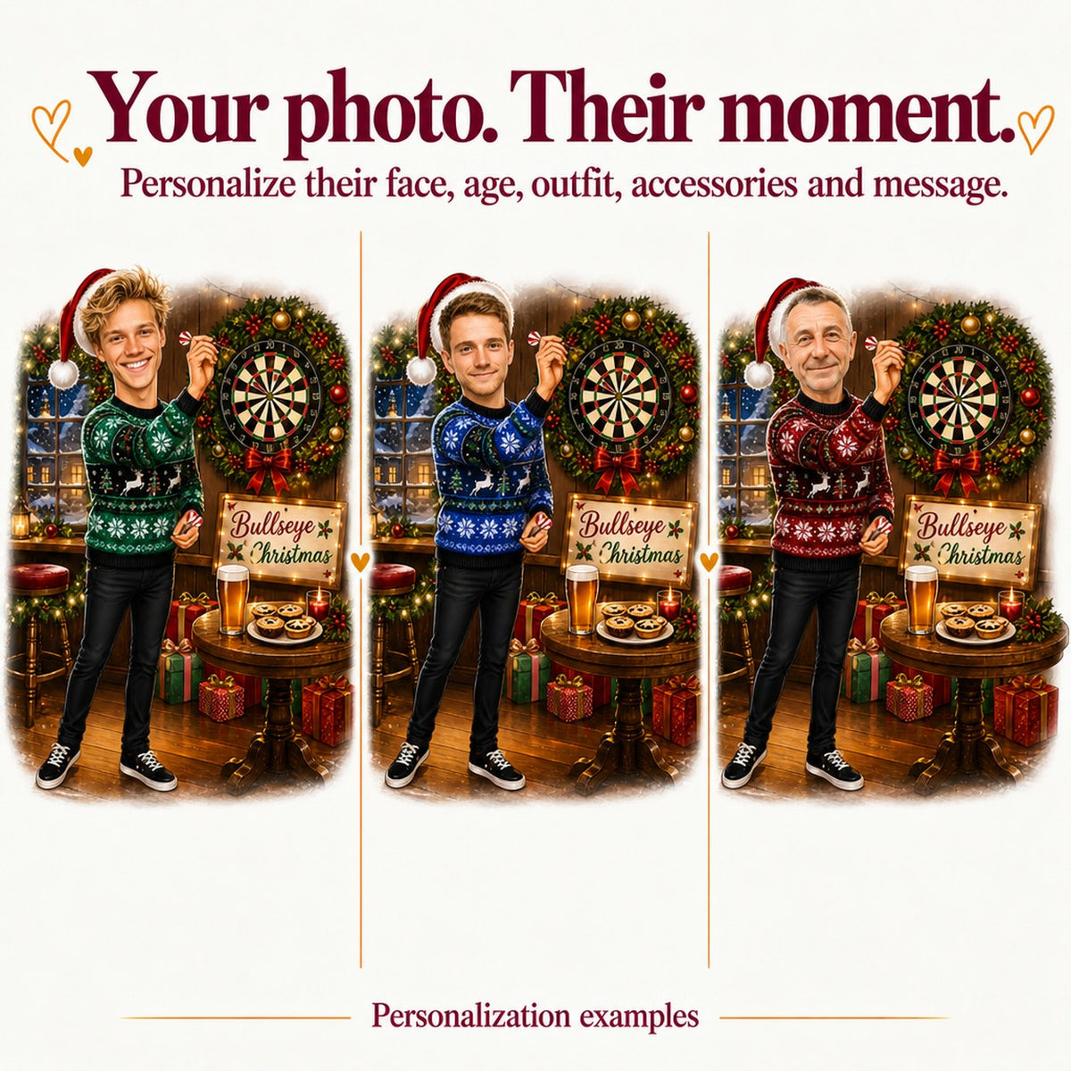 Three custom darts Christmas caricatures with different faces, sweater colors, and backgrounds.