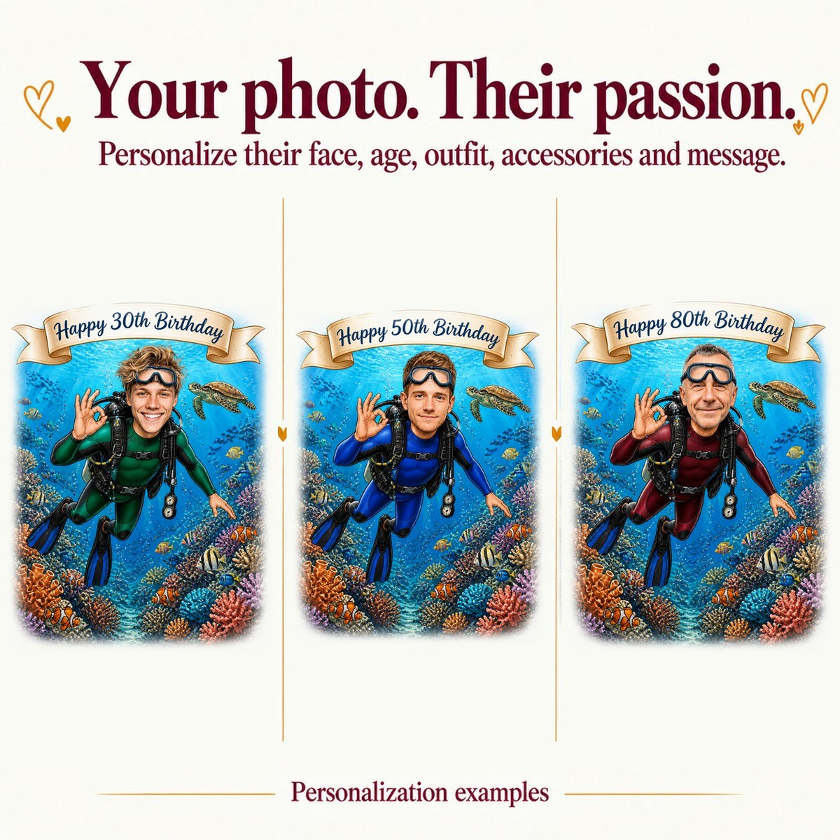Three personalized scuba diver caricatures with different faces and ages 30, 50, 80.
