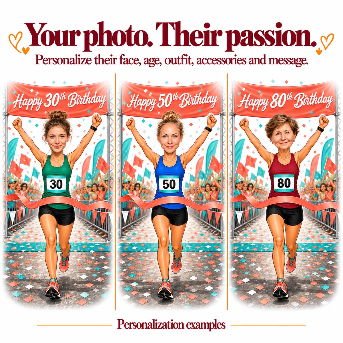 Three runner caricatures with different faces and ages 30, 50, and 80.