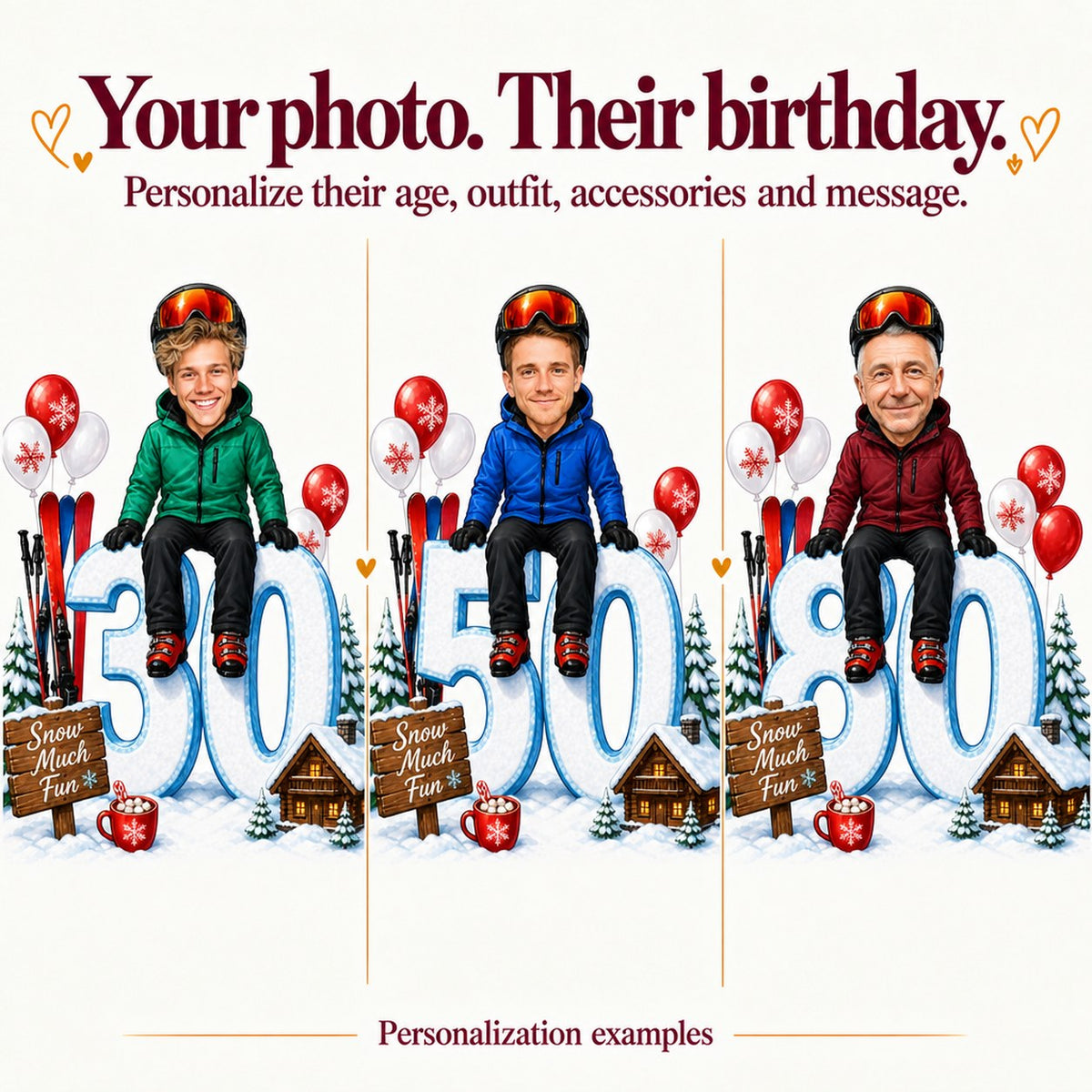 Three personalized ski caricatures with different faces and ages 30, 50, and 80