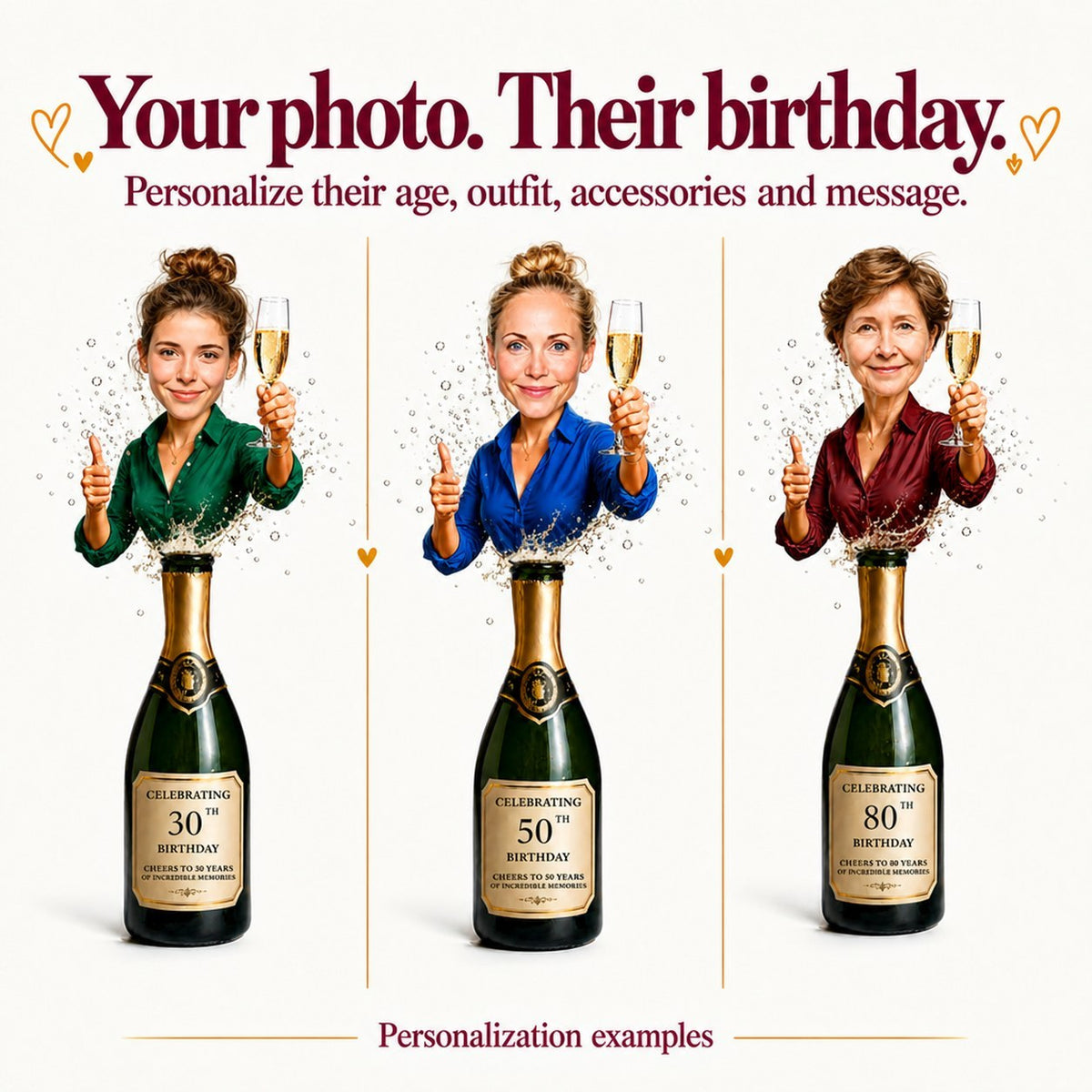 Three personalized versions with different faces and ages 30, 50 and 80