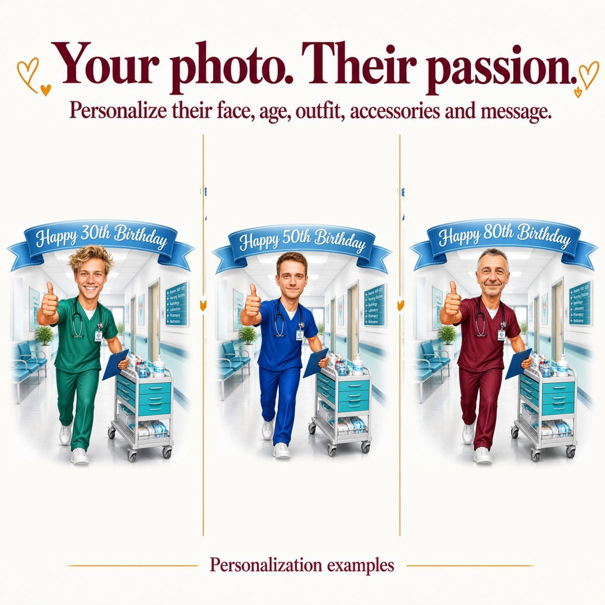 Three personalized nurse caricatures with different faces and ages 30, 50, 80.