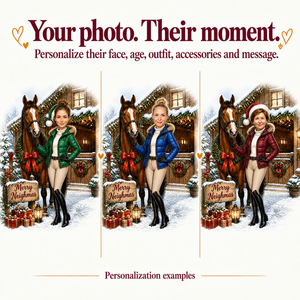 Three women riders with different faces, jacket colors, and horses in the Christmas barn.