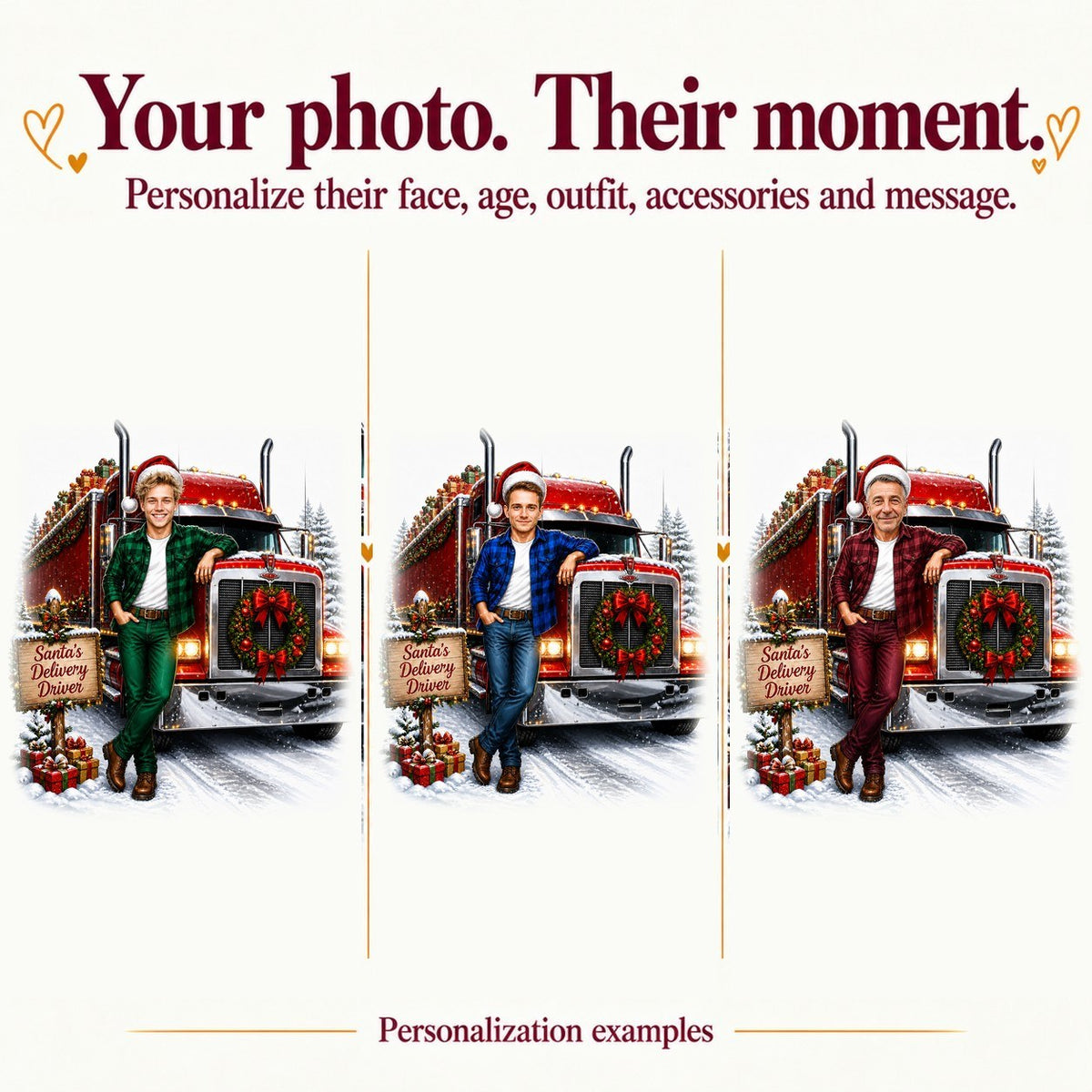 Three custom trucker Christmas caricatures with different faces and outfit colors.