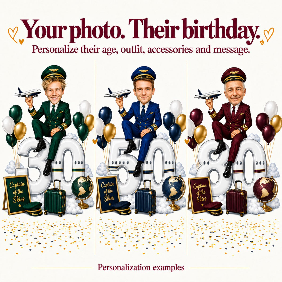 Three pilot caricatures with different male faces and ages 30, 50, and 80.