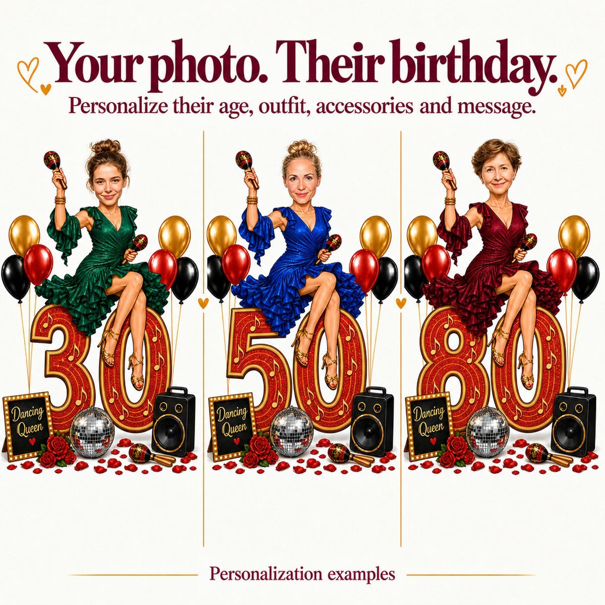 Three personalized dancer caricatures with ages 30, 50, and 80, different faces and texts.