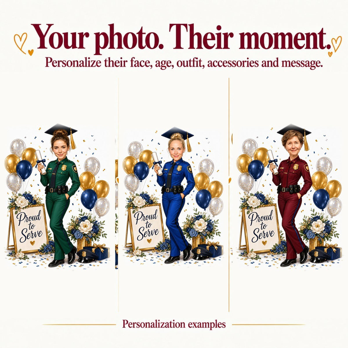 Three personalized police graduation caricatures with different faces and uniform accent colors