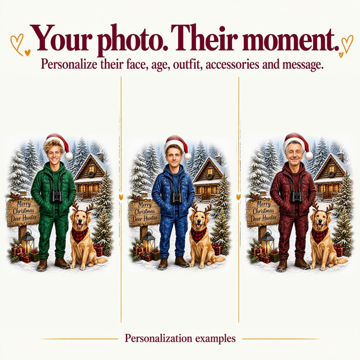 Three hunter Christmas caricatures with different male faces, varied camo and hoodie colors