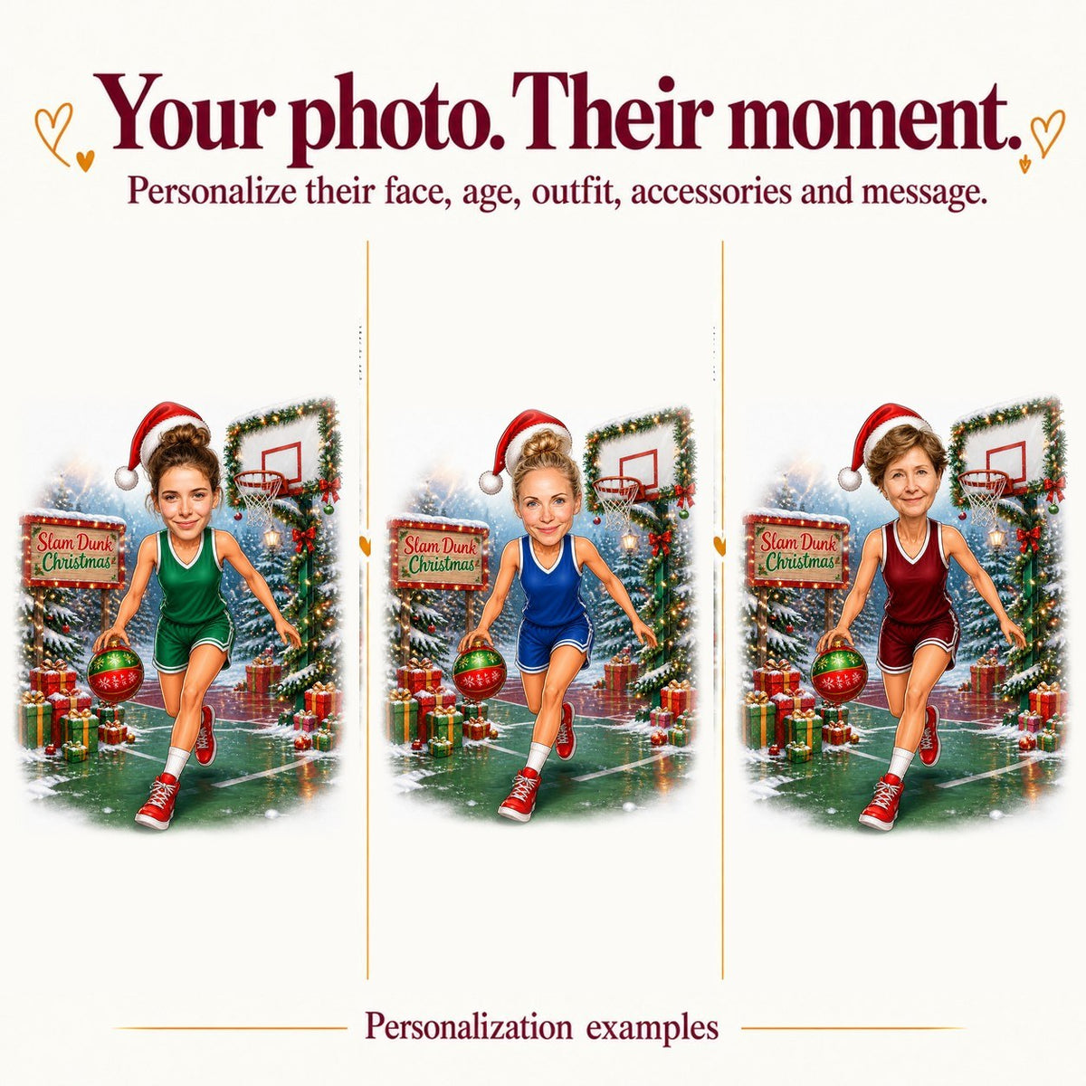 Three versions with different faces, uniform colors, and hairstyles dribbling on the court.
