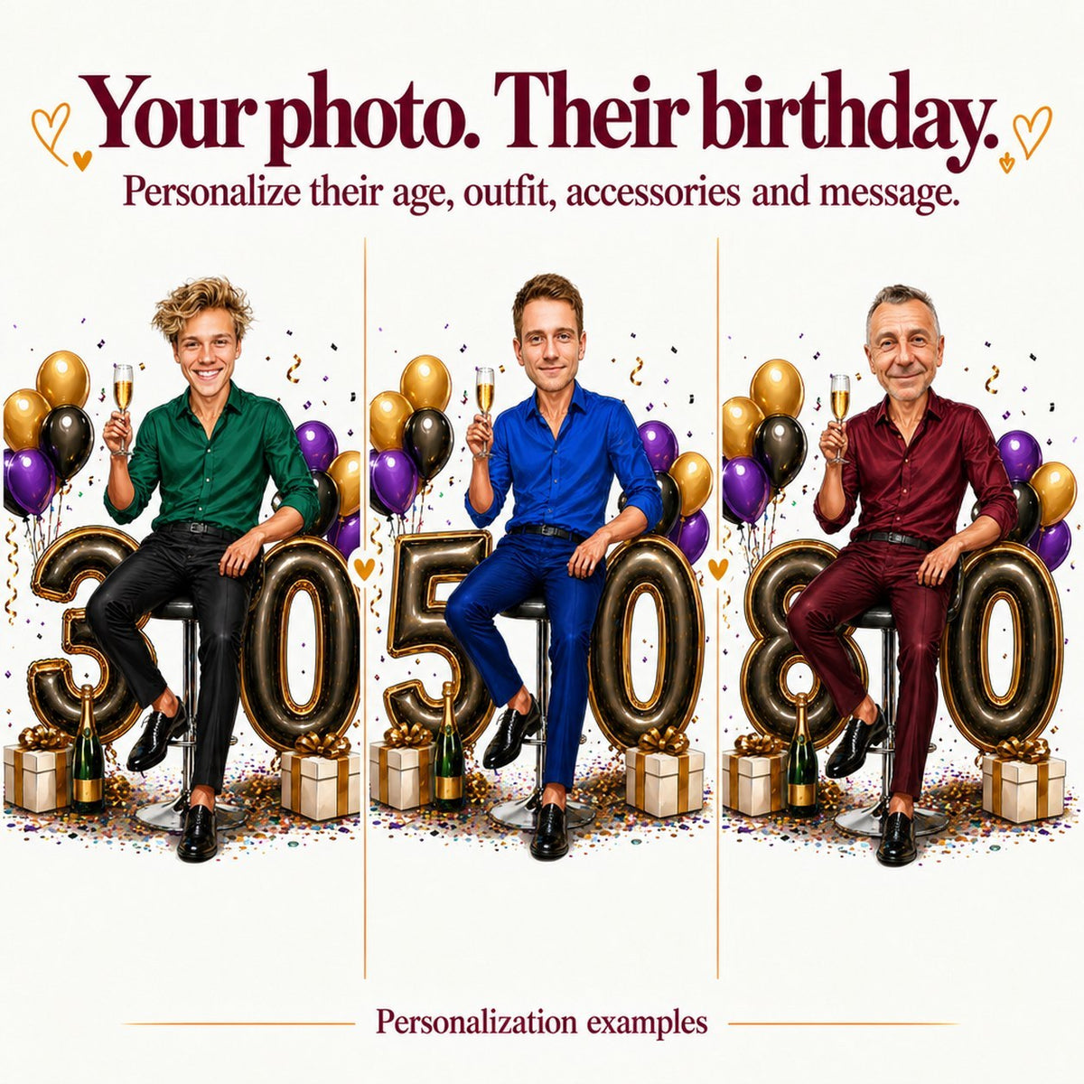 Three examples with different male faces and ages 30, 50, 80.