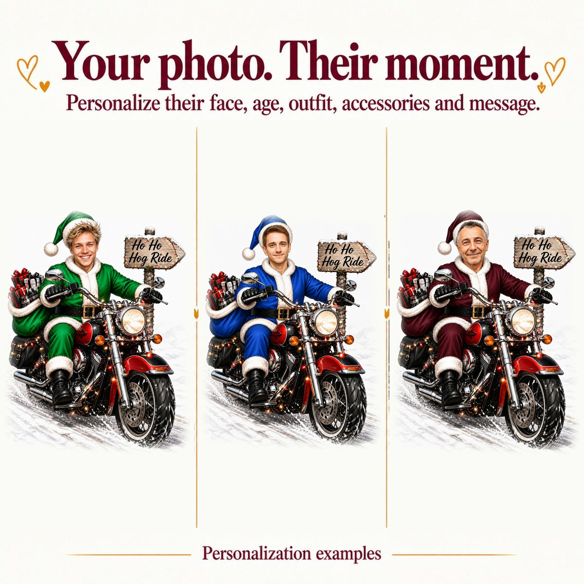 Three personalized biker Santa portraits with different faces, outfit colors, and sign text.