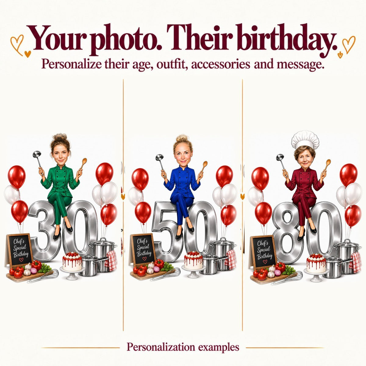 Three chef cartoons with different women, ages 30, 50, and 80, varying colors and utensils.