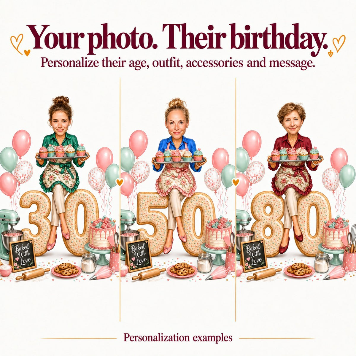 Three personalized bakers ages 30, 50, and 80 holding cupcakes in pink mint scene.