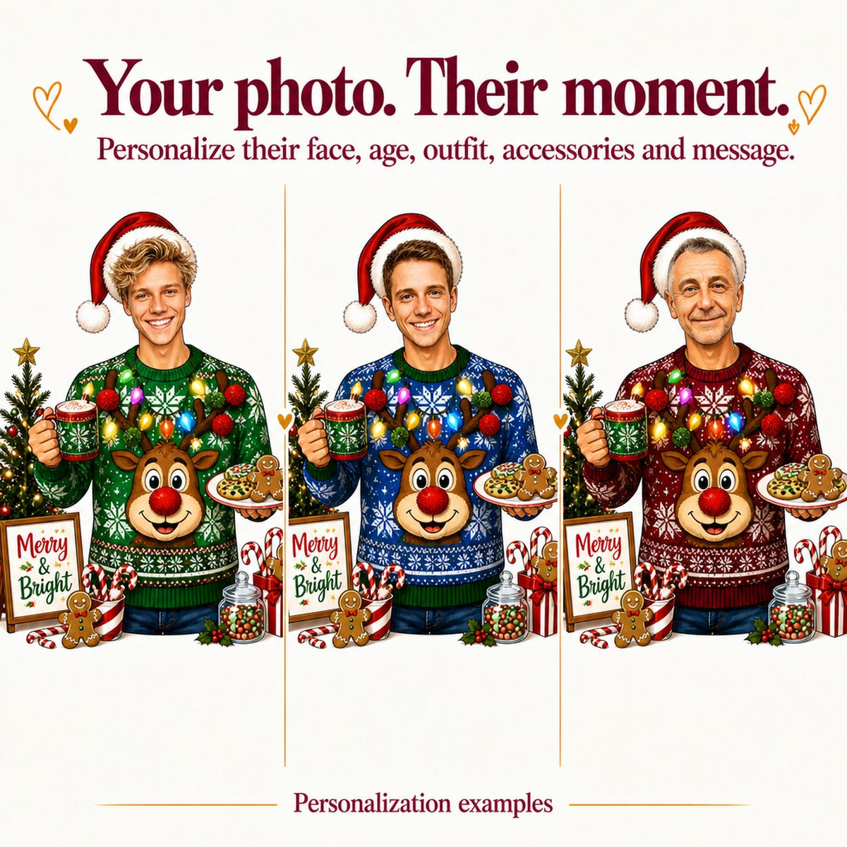 Three versions: different male faces, diverse skin tones, green or red sweater colors.
