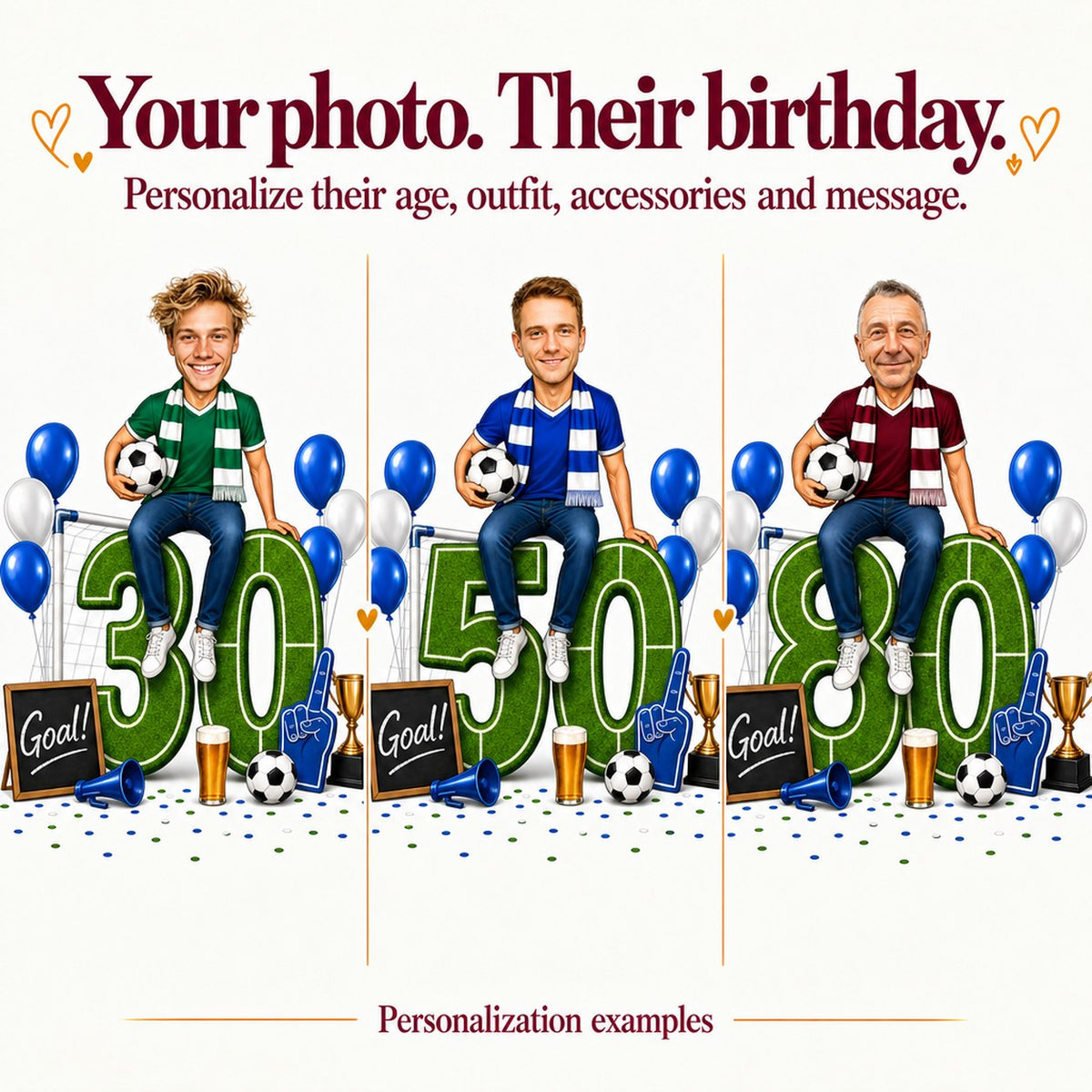 Three soccer caricatures with different faces and ages 30, 50, and 80.