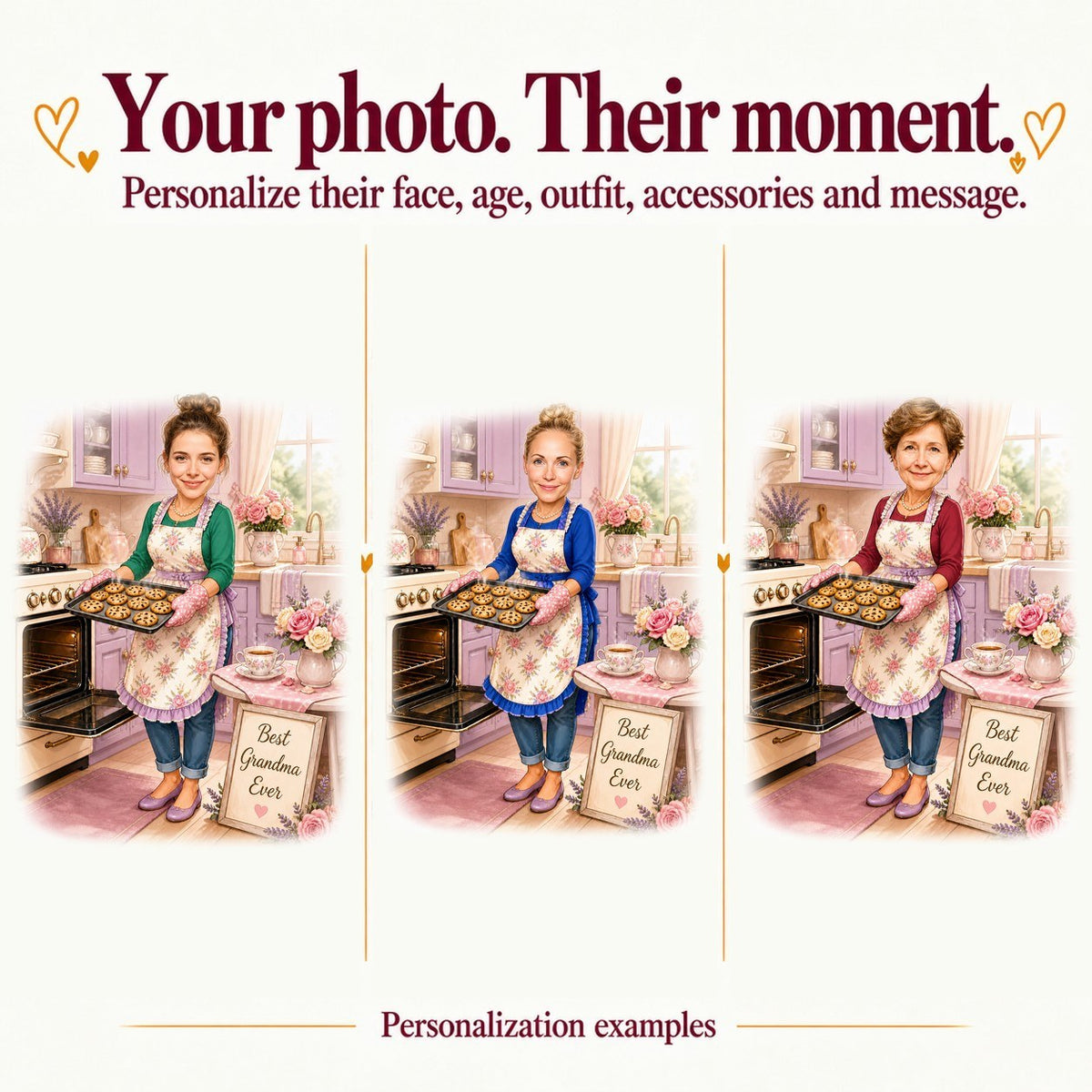 Three examples: different grandmas' faces, varied skin tones, purple, blue, and green aprons in same kitchen.