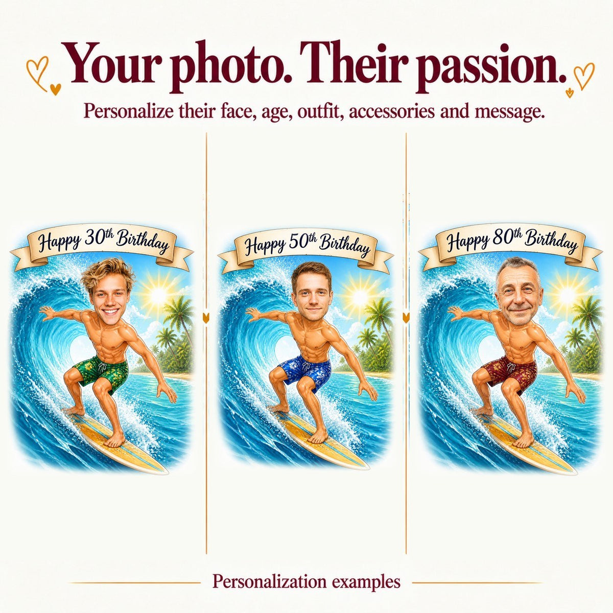 Three personalized surfer caricatures with different faces and ages 30, 50, and 80