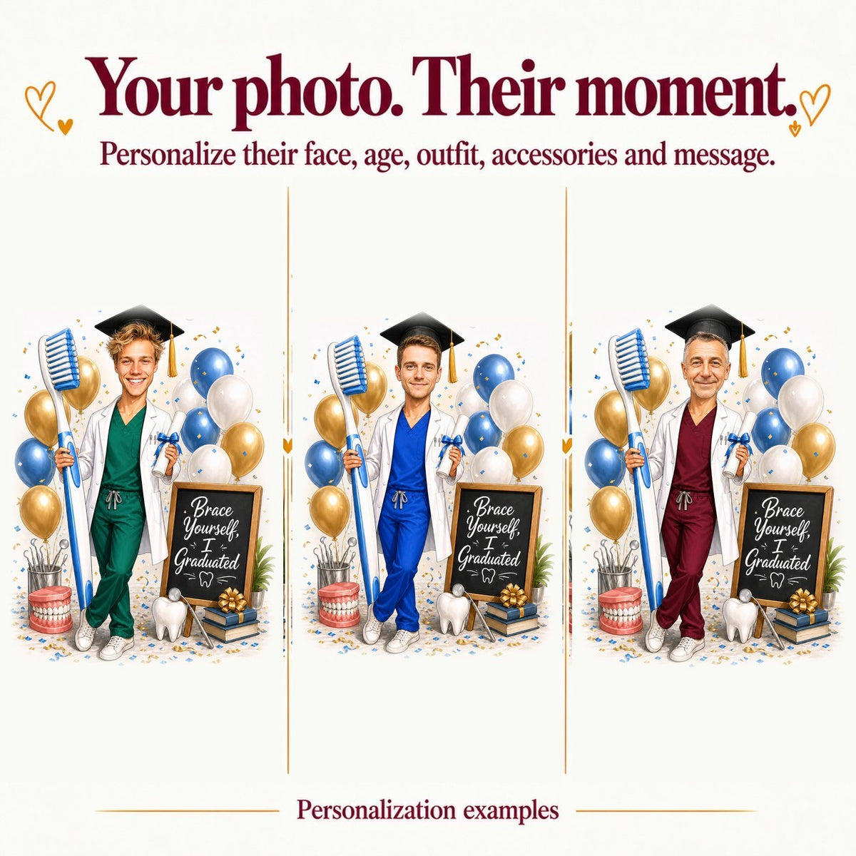 Three dental graduation caricatures with different faces and scrub colors, white coat variations.