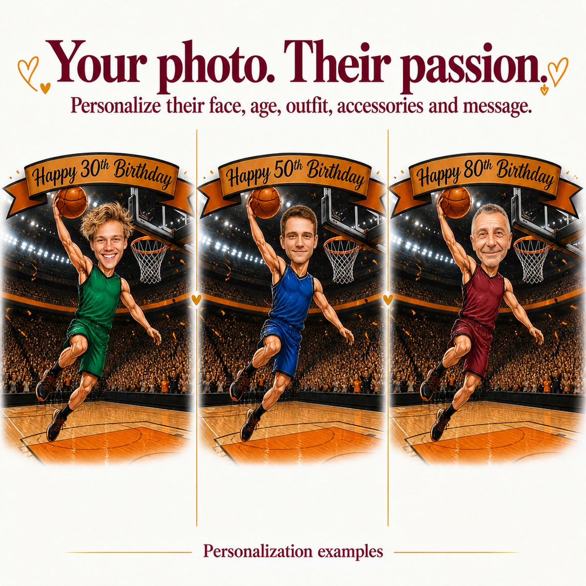 Three personalized basketball caricatures with different faces and ages 30, 50, 80.