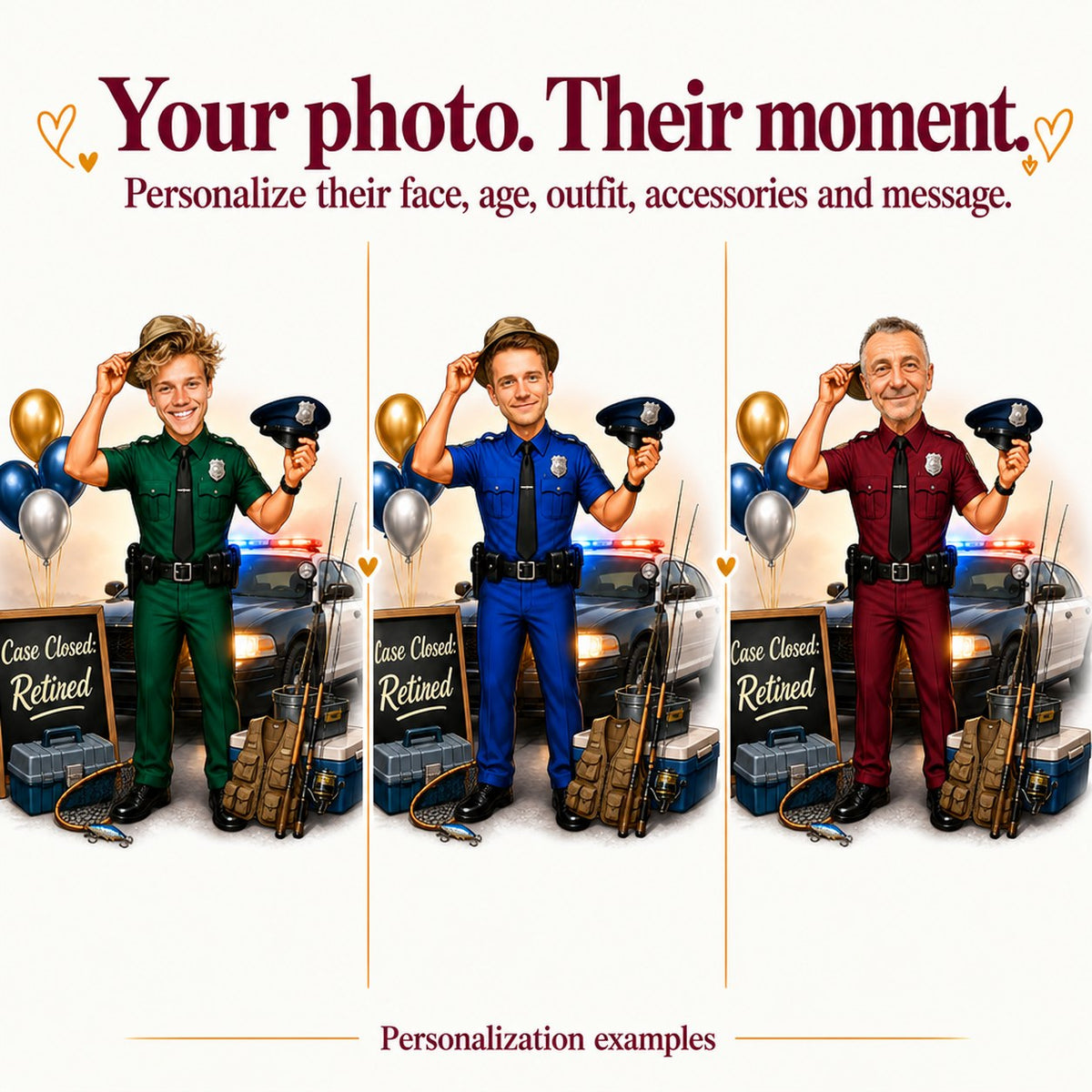 Three custom police retirement caricatures with different faces and uniform color options