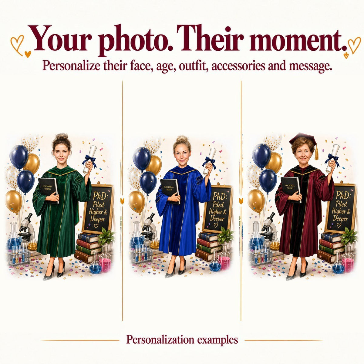 Three examples with different women’s faces, varied gown colors, and custom chalkboard text