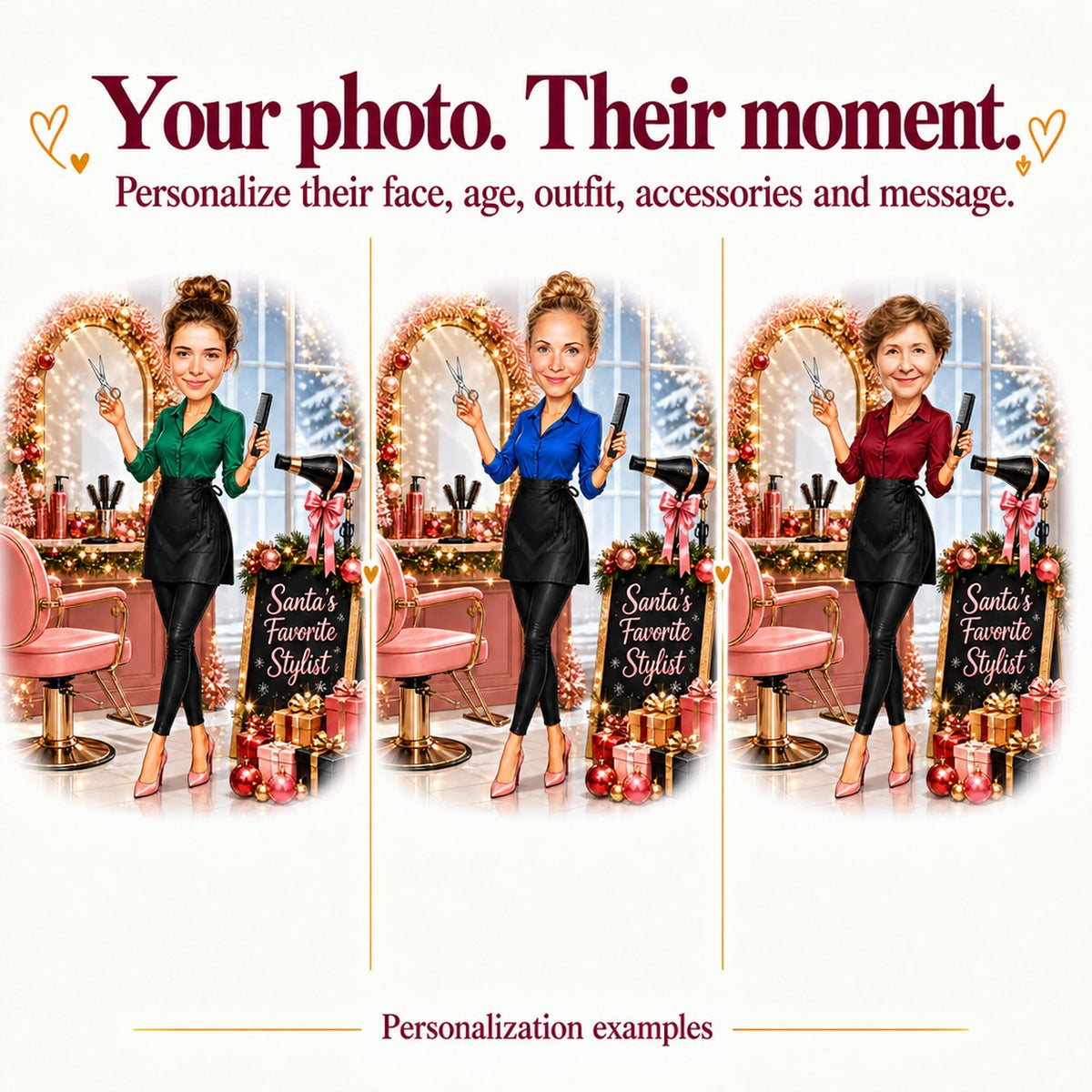 Three variations with different women's faces and outfit colors: pink, red, black.