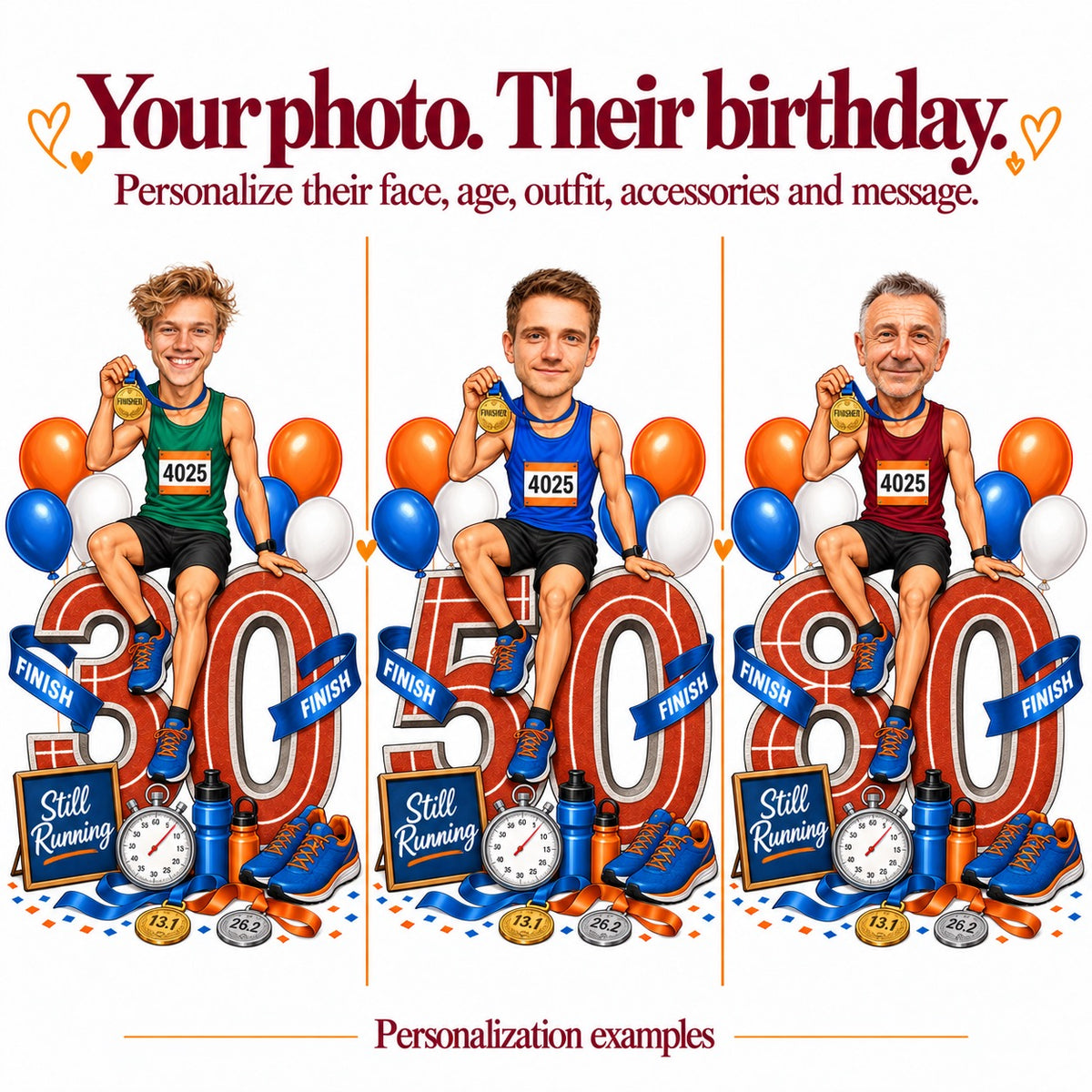 Three runner caricatures with different faces and ages 30, 50, and 80.