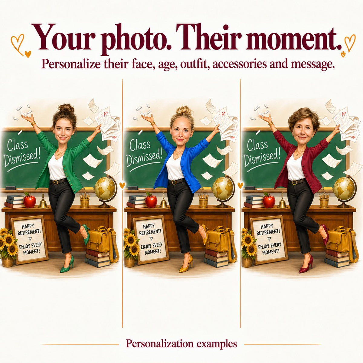 Three teacher retirement caricatures with different faces, hair, and cardigan colors.
