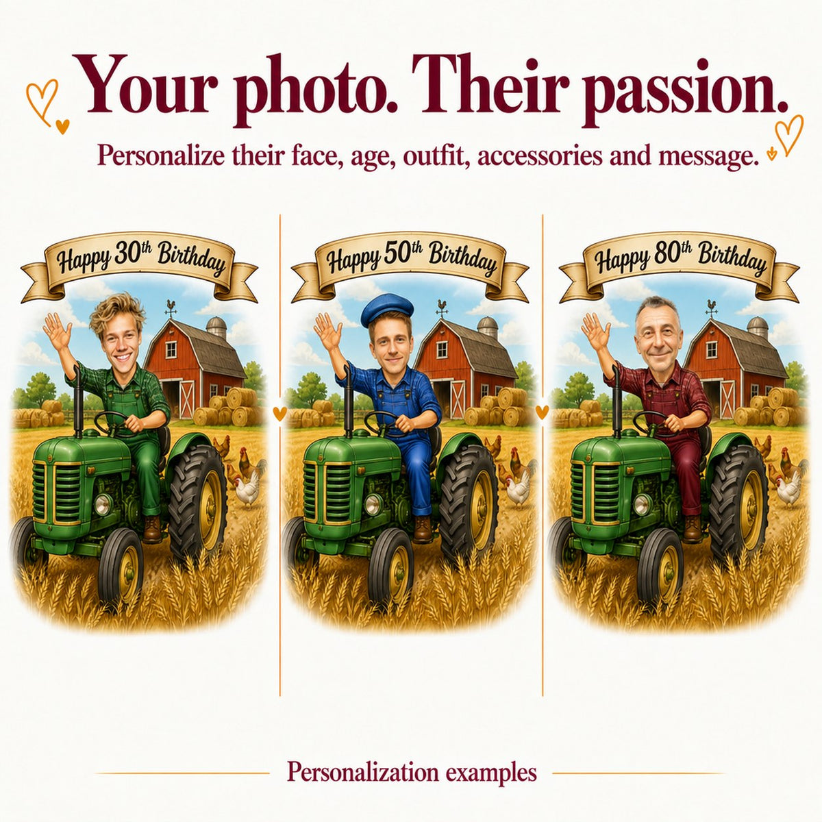 Three farmer caricatures with different faces and ages 30, 50, and 80.