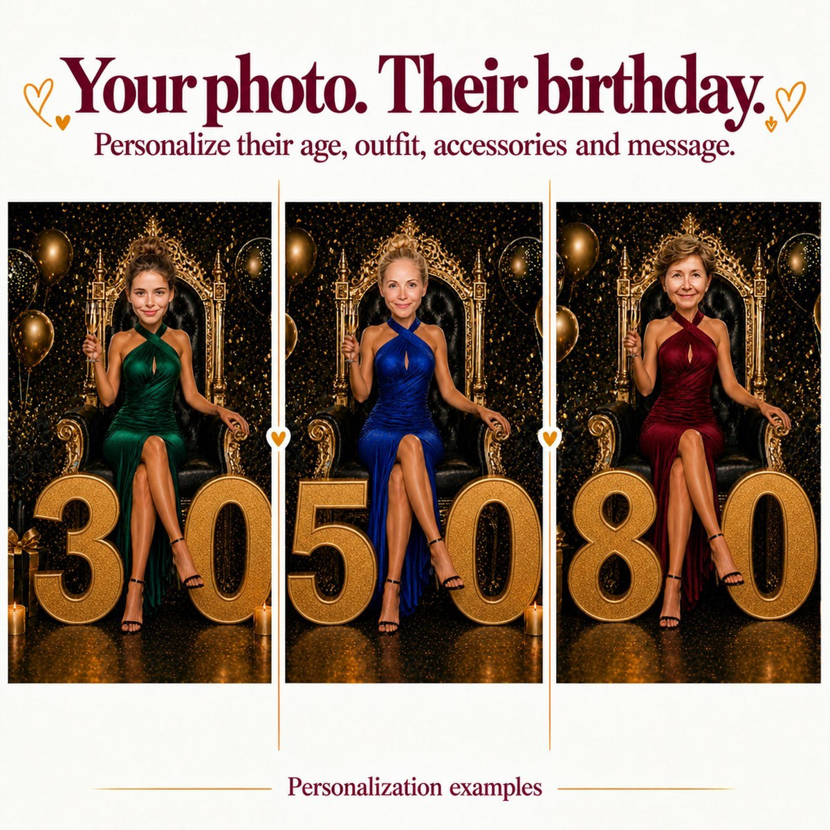 Three women on throne with ages 30, 50 and 80, different faces and dresses.