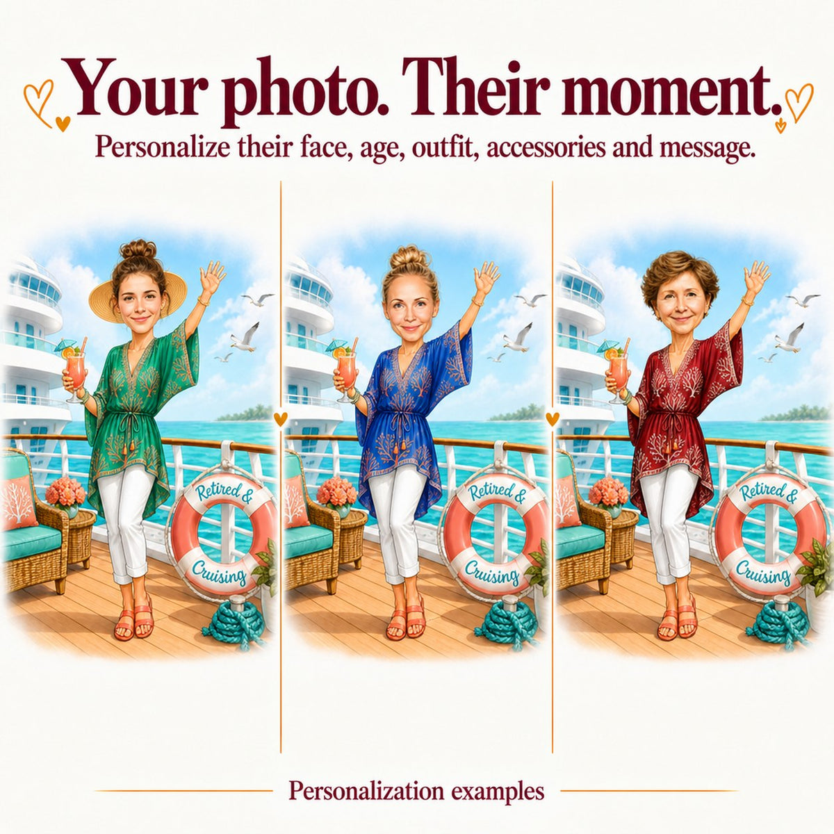 Three personalized cruise scenes with different faces, teal, coral, and navy outfits, lifebuoy text customized.