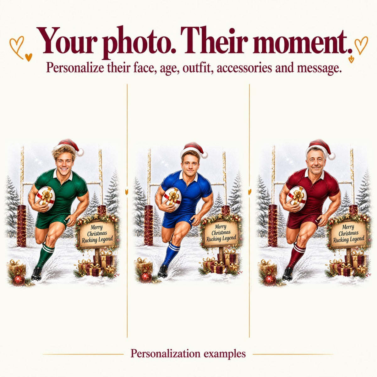 Three personalized rugby Christmas caricatures with different faces and jersey colors