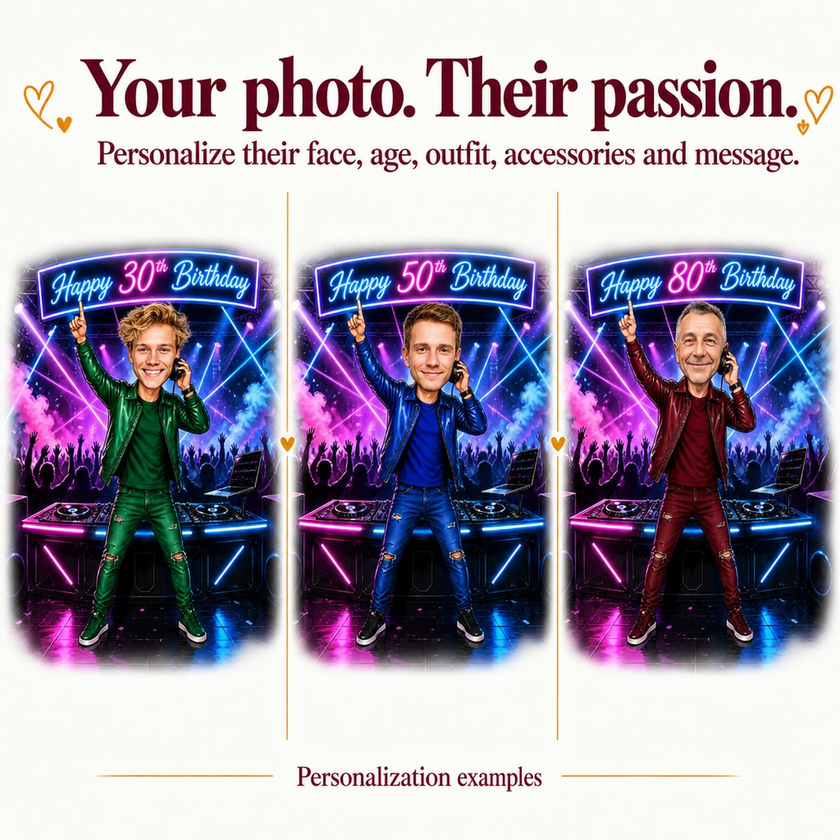 Three DJ caricatures with different faces and ages 30, 50 and 80 in club scene.