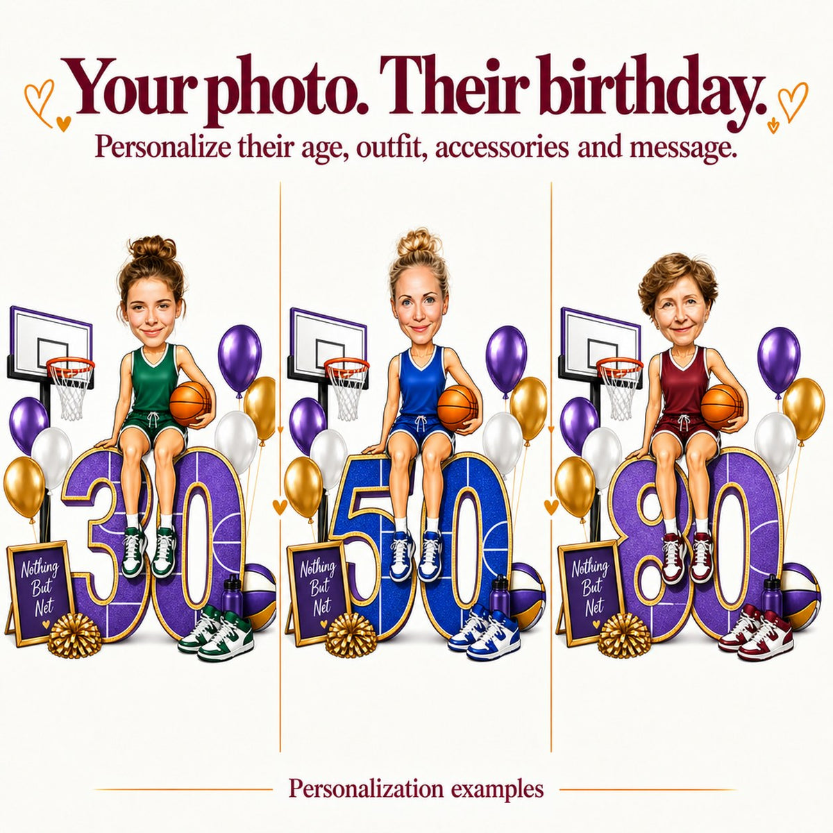 Three examples showing different women’s faces on ages 30, 50, and 80 numbers