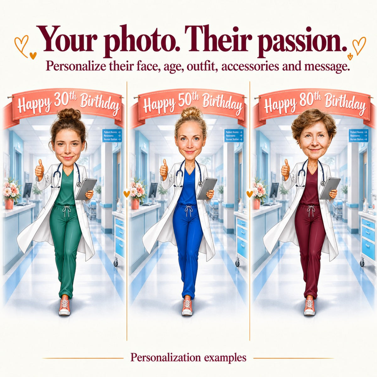 Three personalized doctor caricatures with different faces and ages 30, 50, and 80