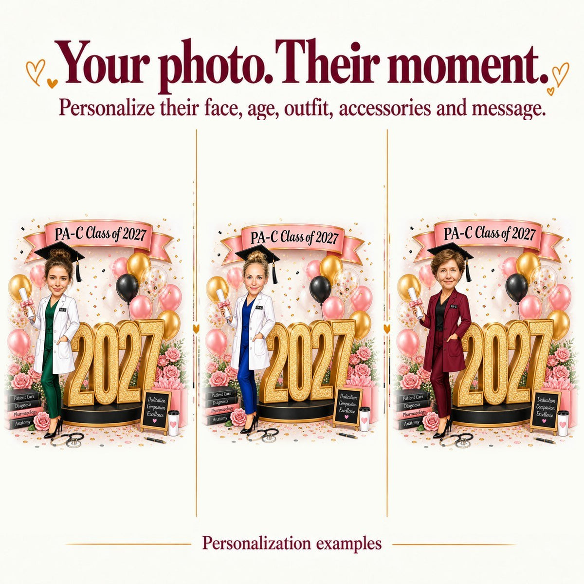 Three PA graduation caricatures with different faces and scrub colors, customized banner text.