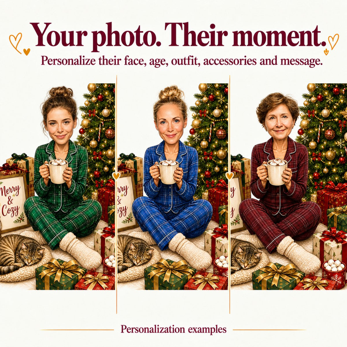 Three personalized versions with different faces, pajama colors, background gifts, and cat.