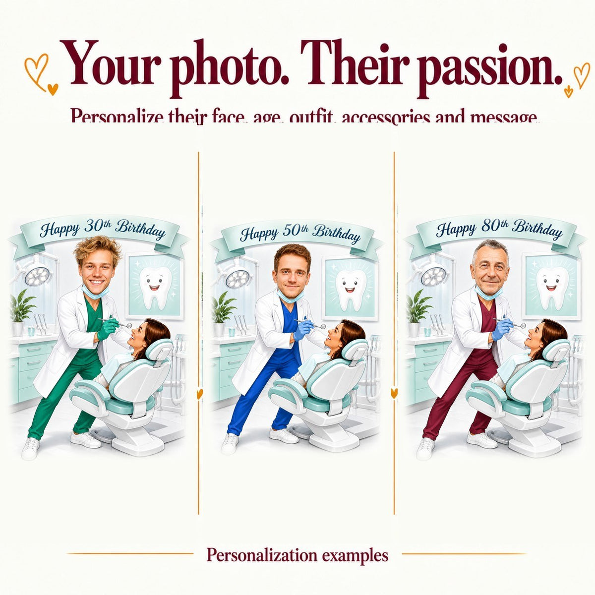 Three personalized dentist caricatures with different faces and ages 30, 50, 80.