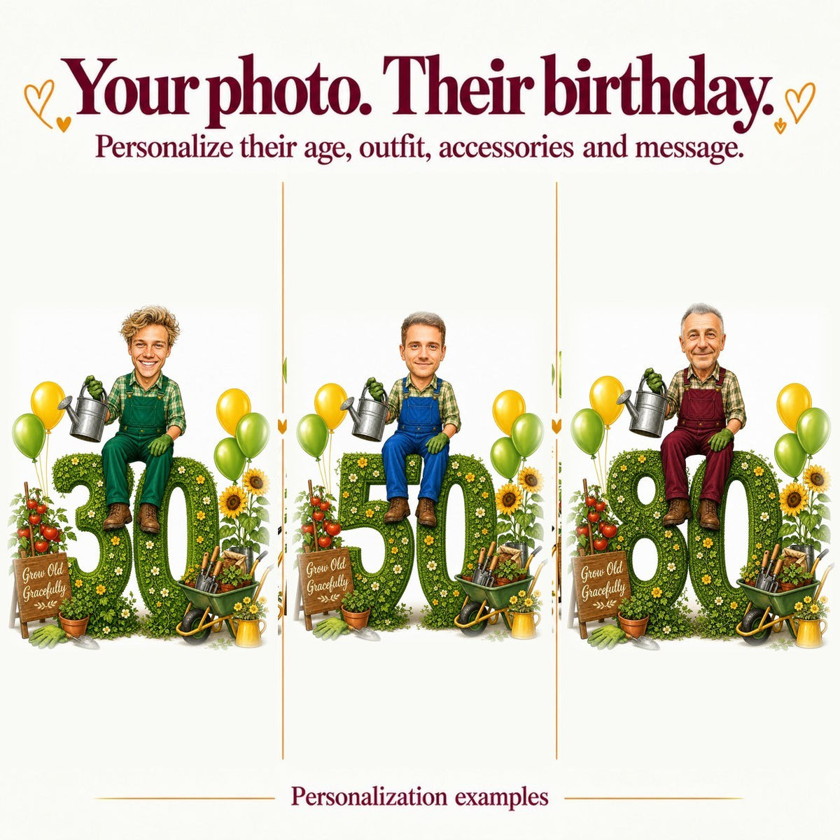 Three gardener caricatures with different faces and ages 30, 50, and 80 on numbers.