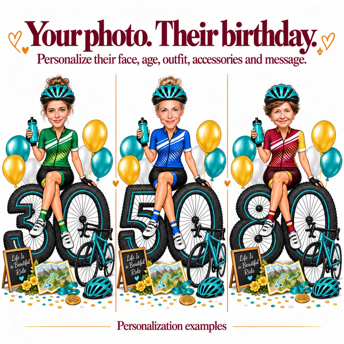 Three cycling caricatures with different faces and ages 30, 50, and 80