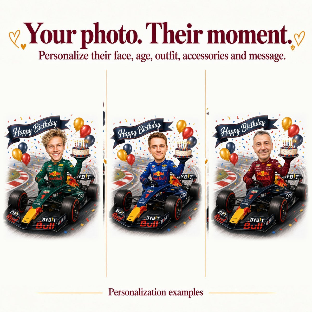 Three versions with different faces and suit colors driving a formula car.