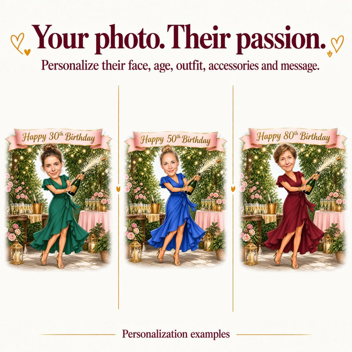 Three personalized caricatures with different faces and ages 30, 50, and 80 years.