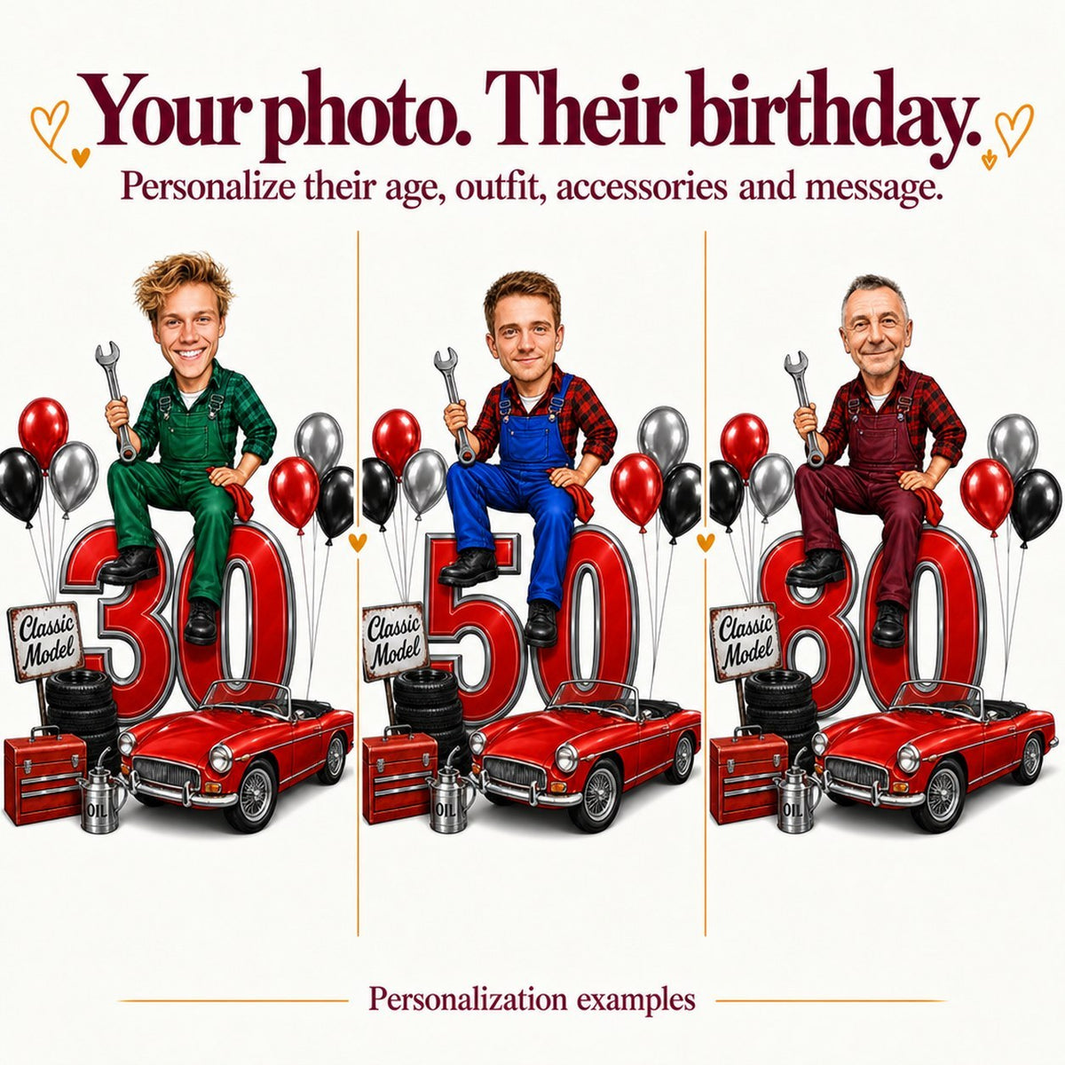 Three customized faces on the design with ages 30, 50 and 80 holding wrench.