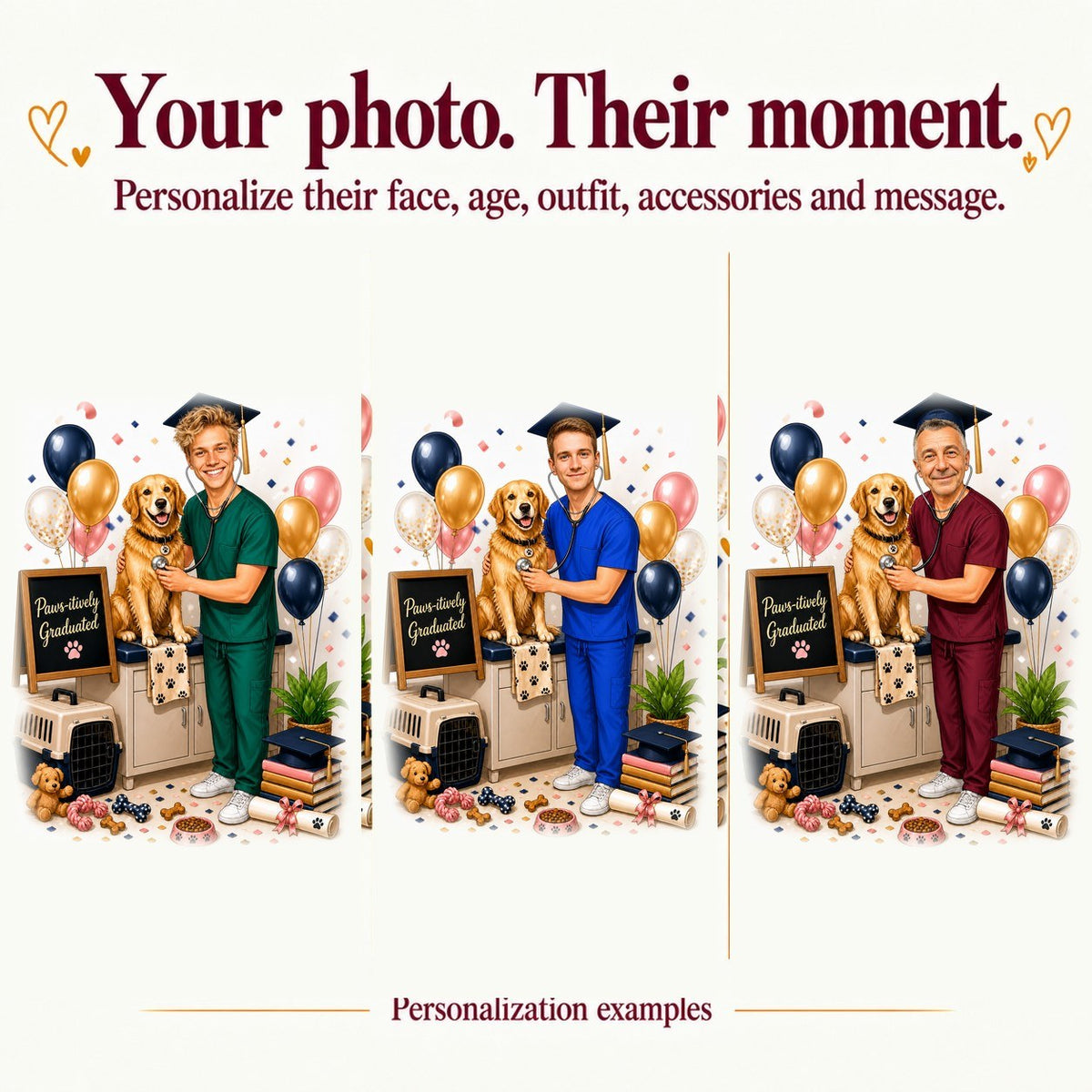 Three personalized vet grads with different faces and scrub colors: navy, green, and burgundy.