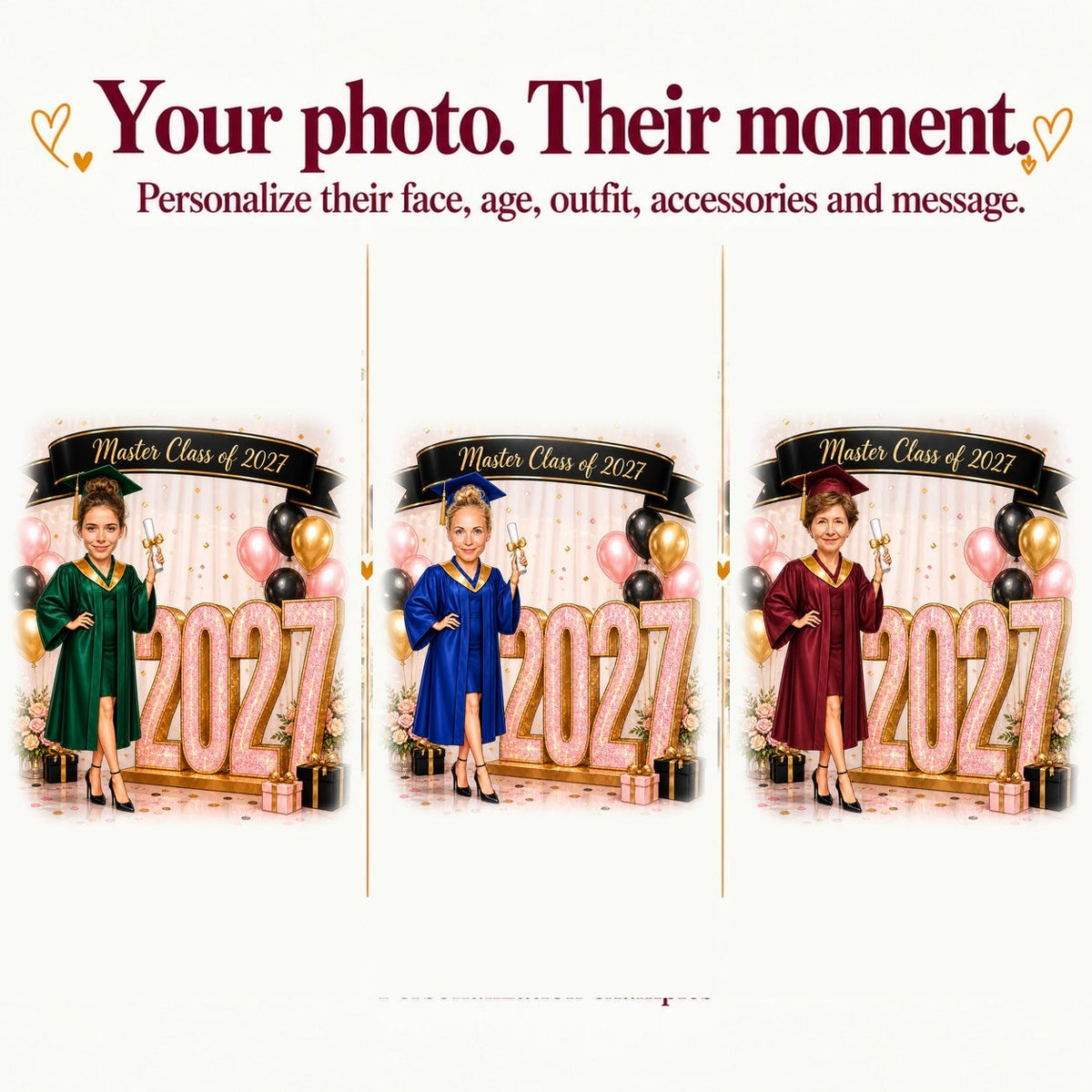 Three examples with different faces and navy, black, or maroon gowns