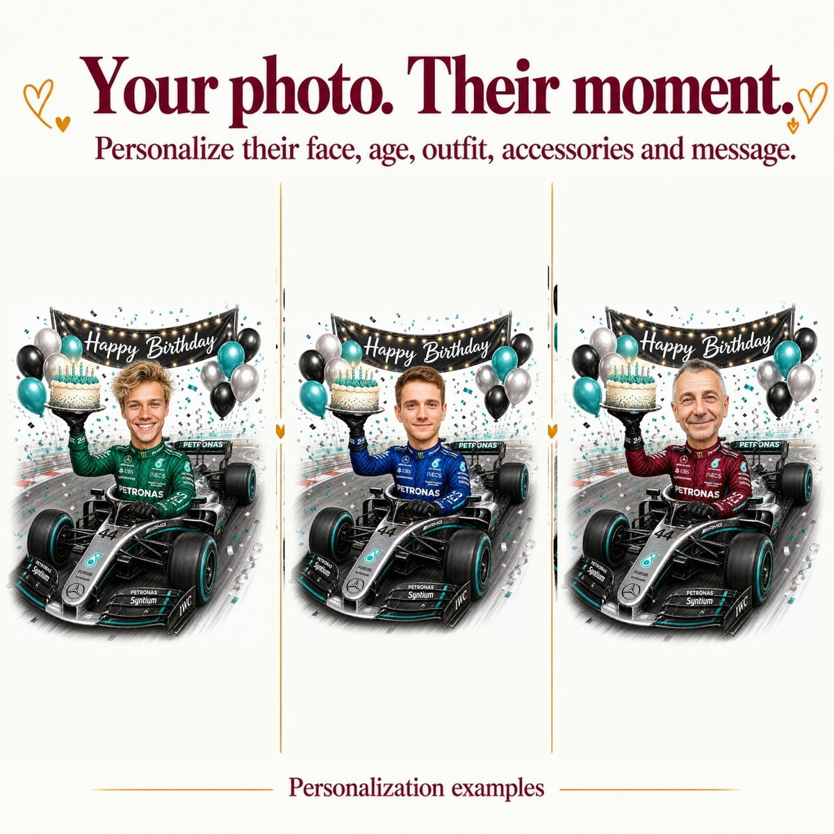 Three personalized F1 portraits with different faces and suit colors black, red, and blue