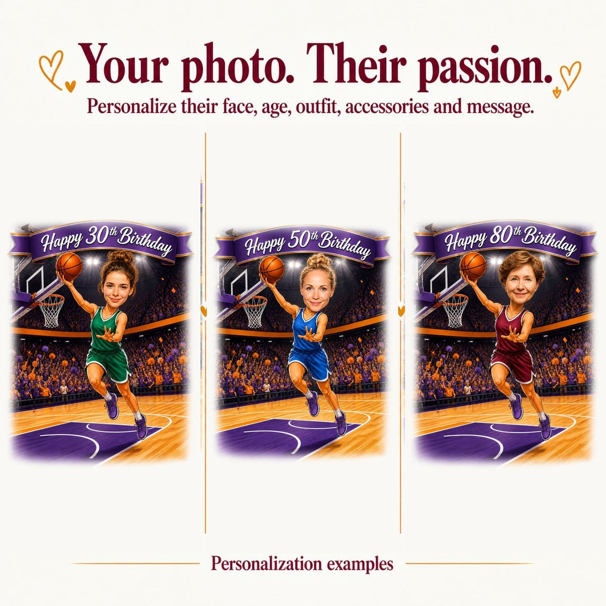 Three personalized versions with different female faces and ages 30, 50, and 80