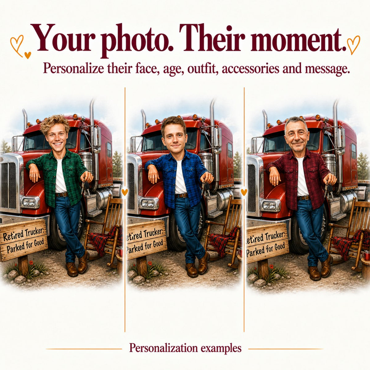 Three versions showing different male faces, cap and flannel colors, custom sign text, varied truck colors.
